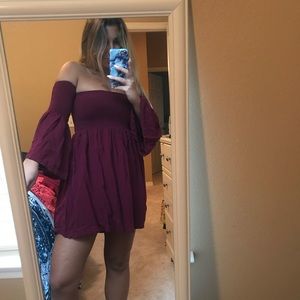 Adorable maroon, strapless, bell-sleeve dress!